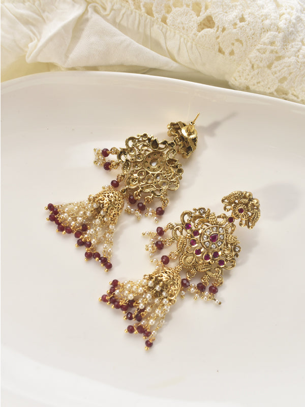 Red Stone Earrings with Beaded drops