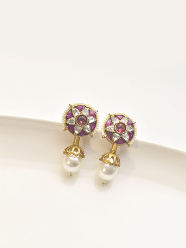Red Stone Stud | White Kundan with Pearl