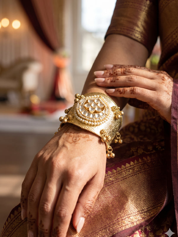 Royal floral kundan openable cuff bracelet | polki kundan pearl bordered statement bangle