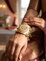 Load image into Gallery viewer, Royal Floral Kundan Openable Cuff Bracelet | Polki Kundan Pearl-Bordered Statement Bangle
