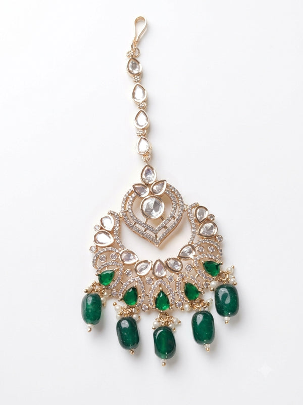 Royal Green & White Stone Wedding Matha Tikka with Pearl Accents 