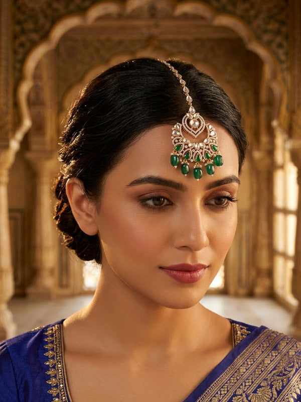Royal green & white stone wedding matha tikka with pearl accents | statement polki kundan & green stone bridal maang tikka 