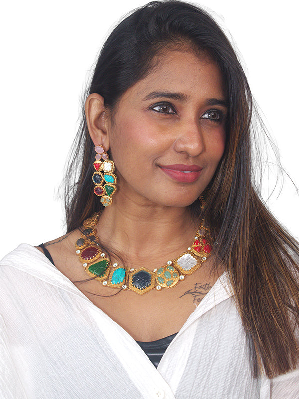 Royal multi multicolor stone necklace with golden polish