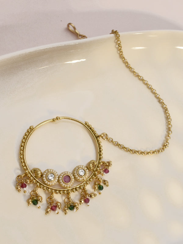 Ruby & Green Beaded Bridal Nath with Chain