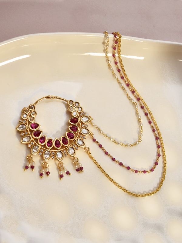 Ruby kundan nath with triple sahare chain