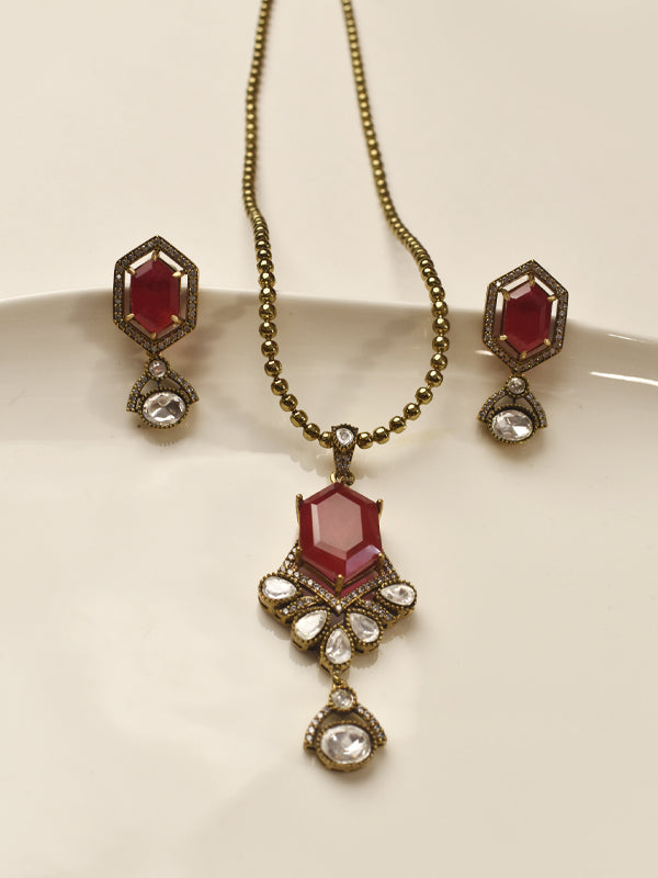 Ruby Pink & Kundan Polki Drop Pendant Necklace Set for Women 