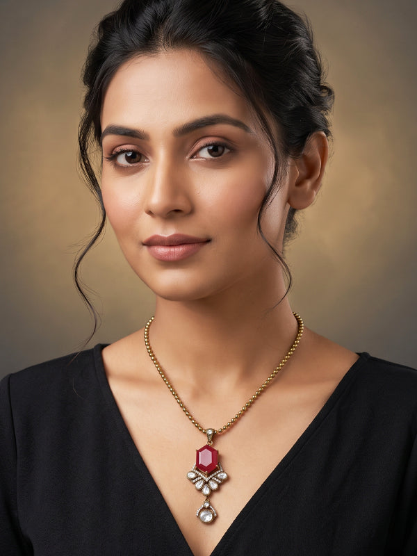 Ruby pink & kundan polki drop pendant necklace set for women | antique polki & ruby pink drop pendant set