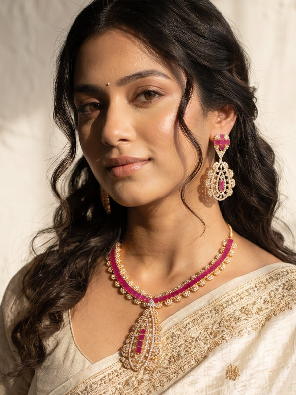 Ruby Red & AD Crystal Pendant Necklace Set | Sparkling Ruby & CZ Teardrop Collar Necklace
