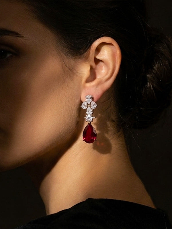 Ruby Red Teardrop Crystal Drop Earrings | AD Teardrop Danglers
