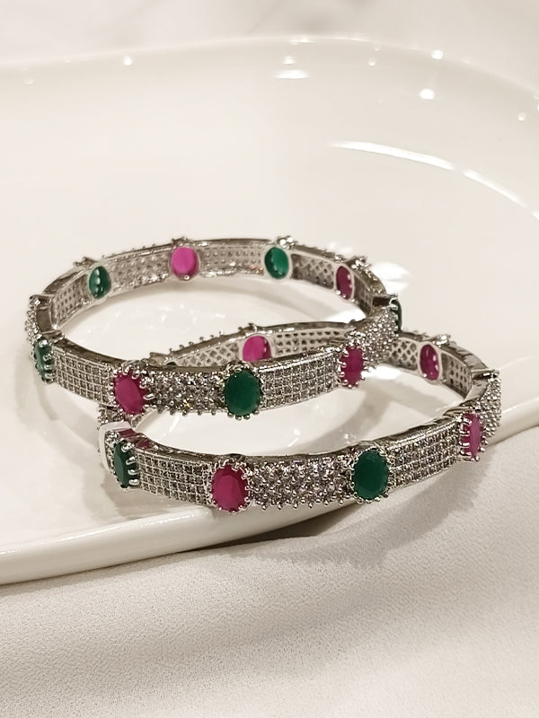 Silver Bracelet with Pink and Green Gemstones 