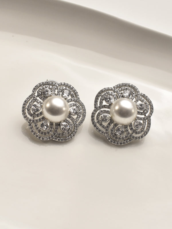 Silver Floral Earrings with Pearl centers 