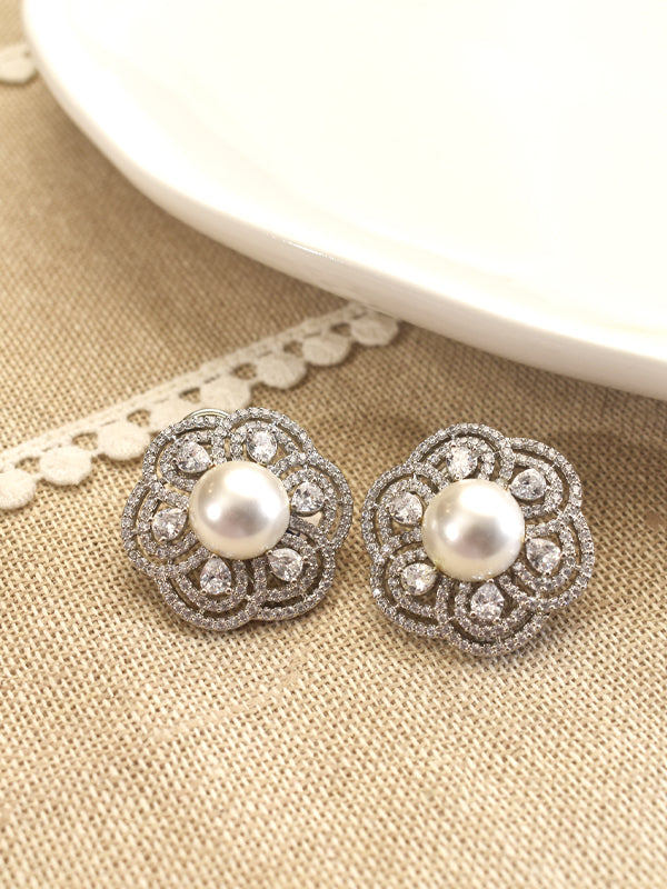 Silver Floral Earrings with White Pearl