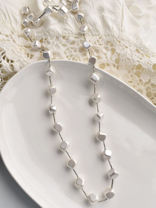 Square shaped white beads necklace | long beads mala for women
