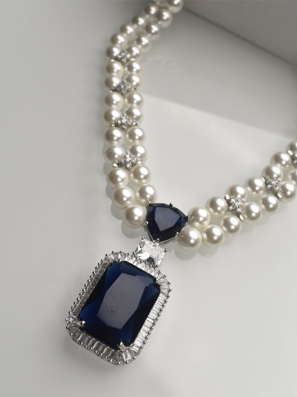 Blue Stone Necklace | White Pearl Necklace