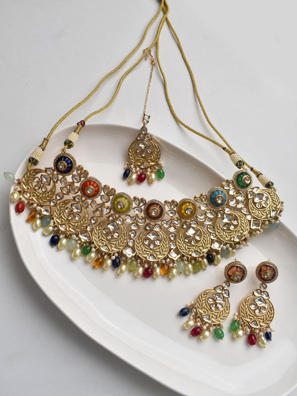 Stylish Kundan Necklace set with Beadeds