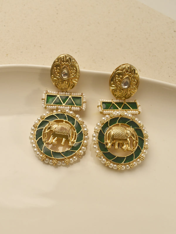 The Royal Hathi Green Meenakari & Pearl Drops Earring