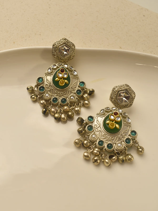 Traditional kundan & green meenakari chandbali drop earrings | antique silver & gold dual tone chandbali earrings with green enamel & ghungroo drops