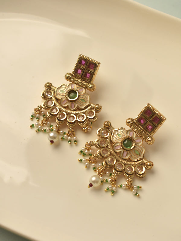 Traditional kundan & ruby studded chand earrings