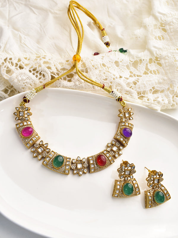 Golden necklace with colorful gemstones