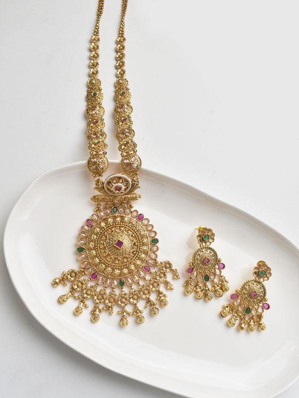 Traditional_Necklace_Set_with_Big_Pendant_Ornate_Golden_Necklace_with_Green_and_pink_Stone