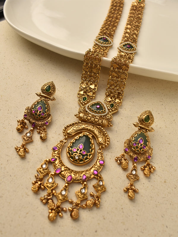 Traditional South Indian Long Necklace Set | Maharani Gold-Tone Long Necklace 