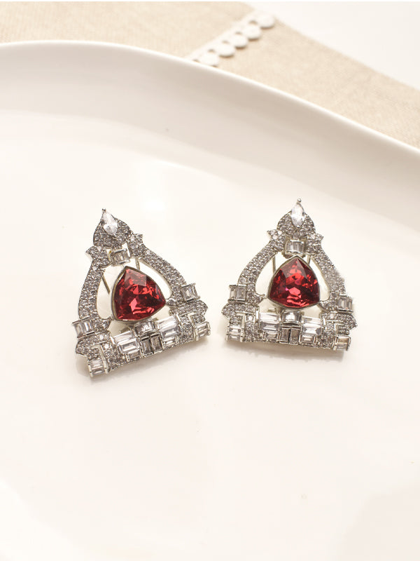 Triangle Earrings with Red Gemstones 