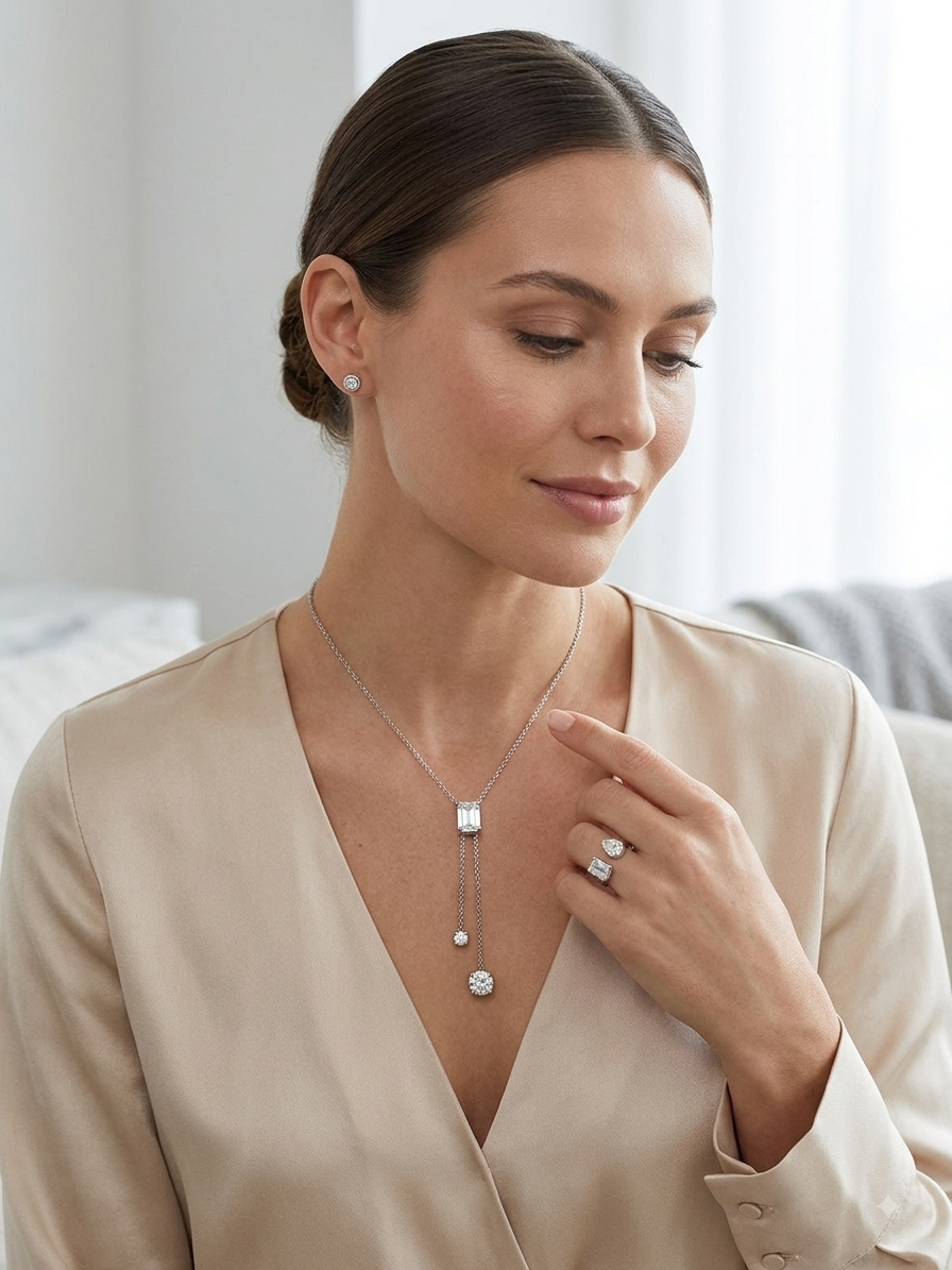 Two Pear-Shaped White Stone Ring and AD Stone Pendant Combo | Silver Polished Stone Jewelry Combo