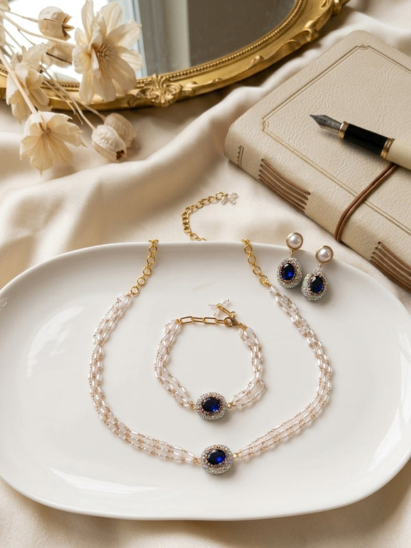Blue Oval Crystal Pearl Necklace Set | Delicate Pearl Necklace Set