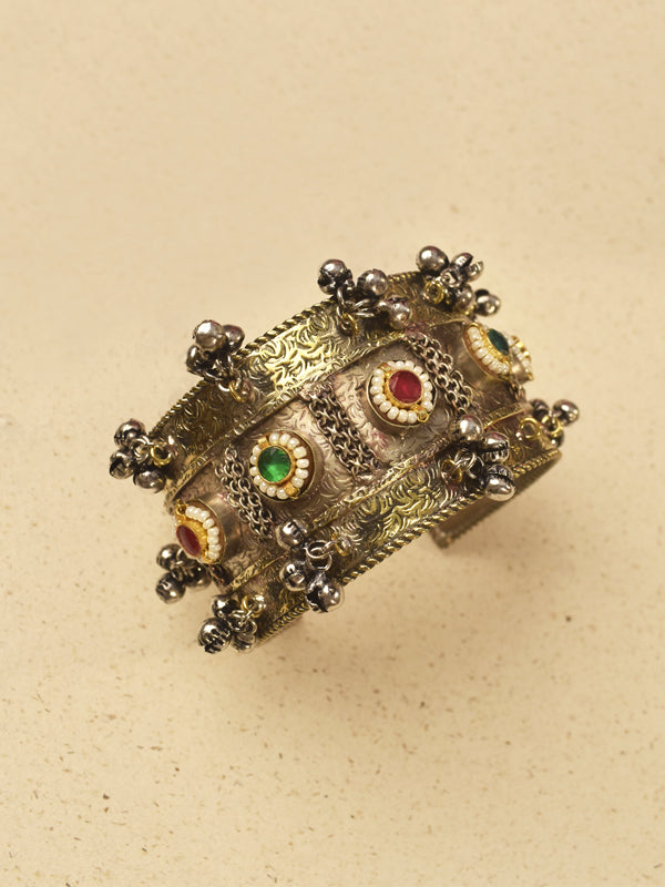 Vintage oxidised style floral motif cuff bracelet 