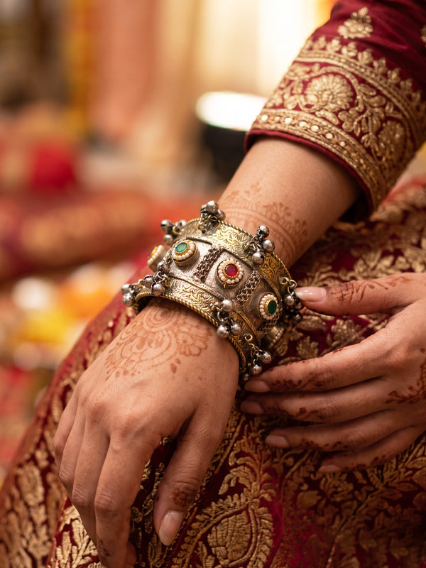 Vintage Oxidised Style Floral Motif Cuff Bracelet | Heritage Ruby & Emerald Studded Pearl-Bordered Broad Bangle