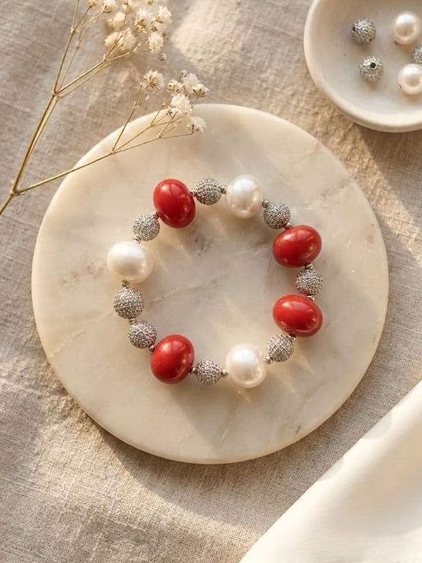 Classic Pearl & Peach Beaded Charm Bracelet | Peach & White Pearl Beaded Bracelet