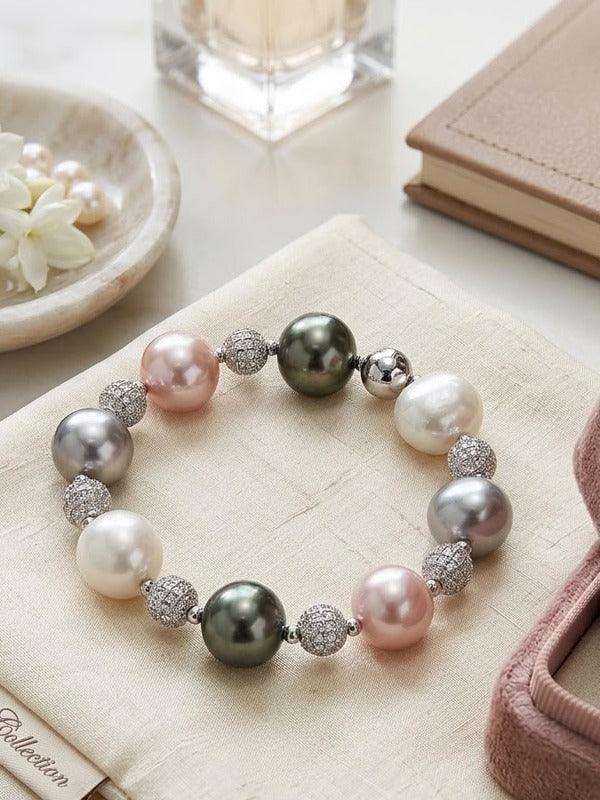Classic Pearl & Peach Beaded Charm Bracelet | Peach & White Pearl Beaded Bracelet