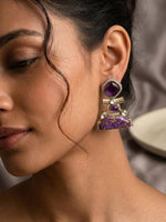 Load image into Gallery viewer, Earrings with Purple Gemstones | Ornate Purple Earrings with Golden Polish
