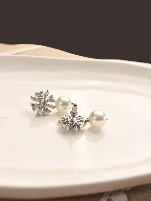 White Pearl Earrings with AD Snowflake Designs 
