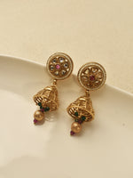 Load image into Gallery viewer, circular stud tops, small pink stones Earring
