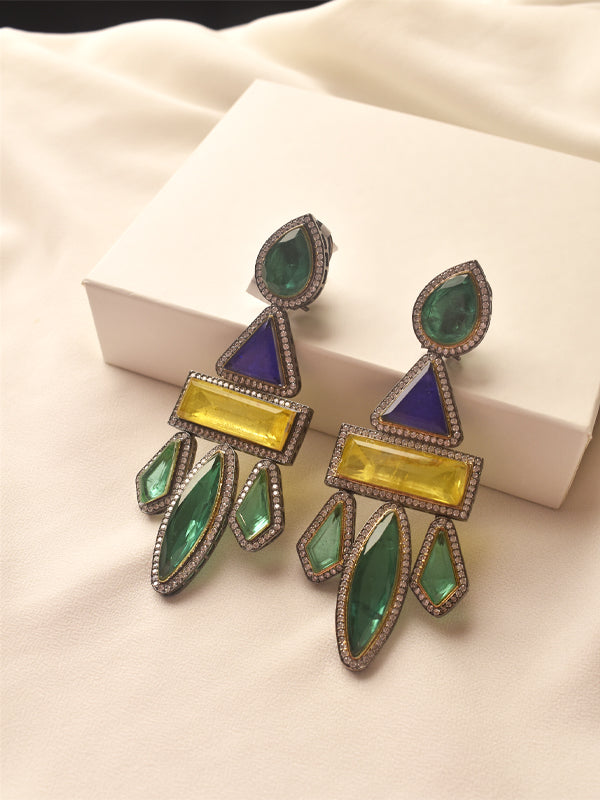 earrings with green, blue, and yellow stones 