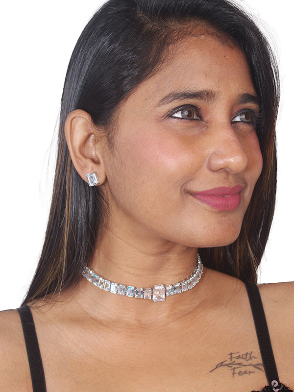 silver necklace and earrings 