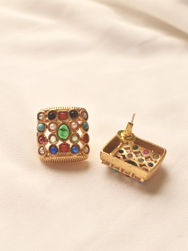  square-shaped earring with colorful gemstones 