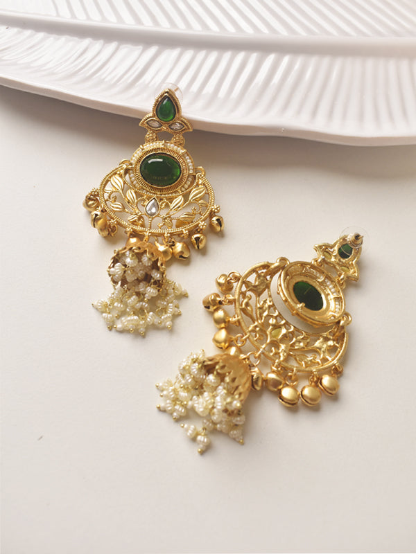 Ornate Golden Earrings with Green stones |  Green Earrings with Pearl drops