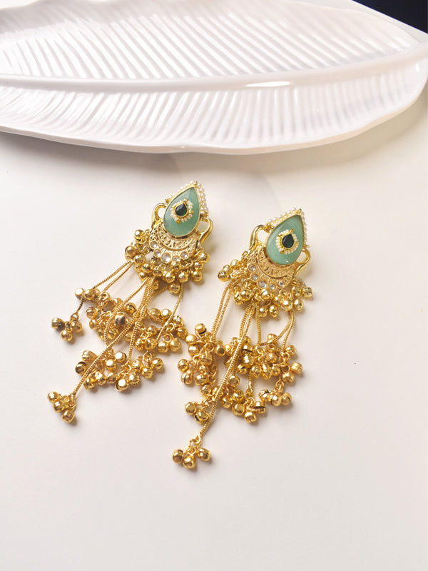 Golden Earrings with Green Gemstones | Long Kashmiri Jhumkas