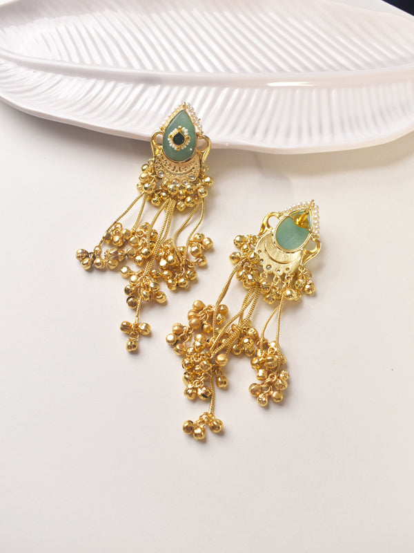 Golden Earrings with Green Gemstones | Long Kashmiri Jhumkas