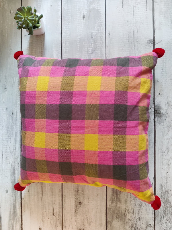 PINK AND YELLOW WITH POM POMS RED cushion cover