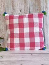 Pink and White Checks with Colorful Pom Poms Cushion Cover