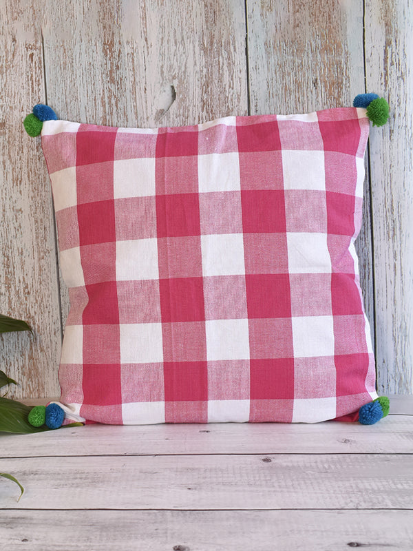 Pink and White Checks with Colorful Pom Poms Cushion Cover