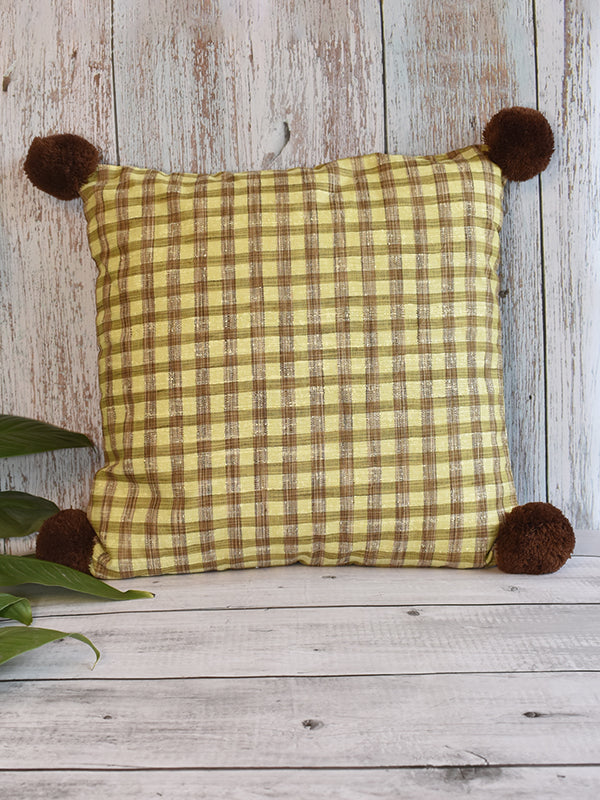 Green and Brown Checks with Brown Pom-Poms Cushion Cover