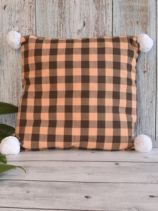 Brown and Orange Checks Cushion Covers with White Pom-Poms