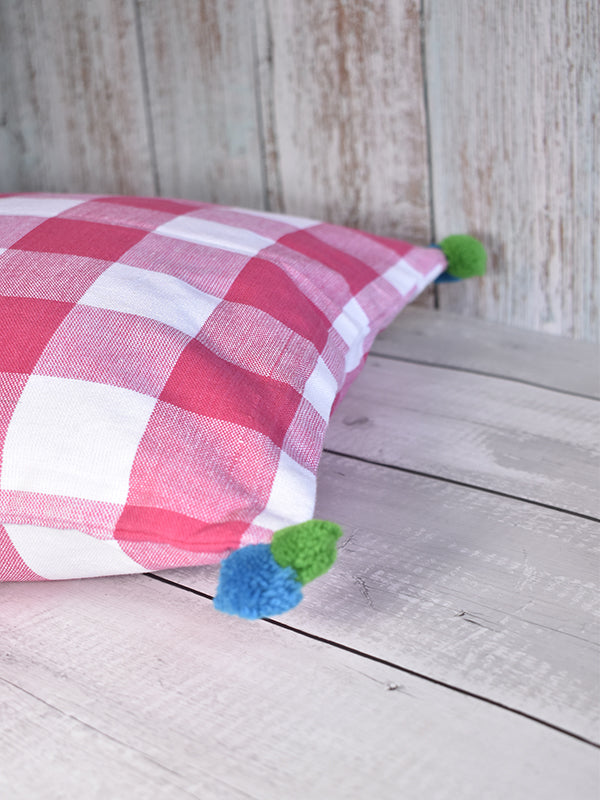 Pink and White Checks with Colorful Pom Poms Cushion Cover