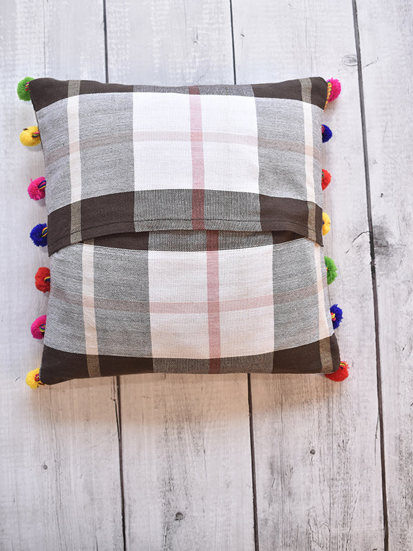 Brown and White Checks with Colorful Lace Cushion Cover