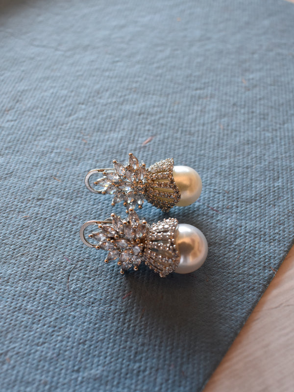GORGEOUS CZ EARRING WITH A WHITE PEARL DROP