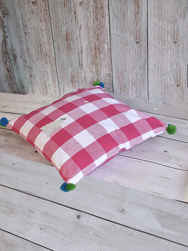 Pink and White Checks with Colorful Pom Poms Cushion Cover